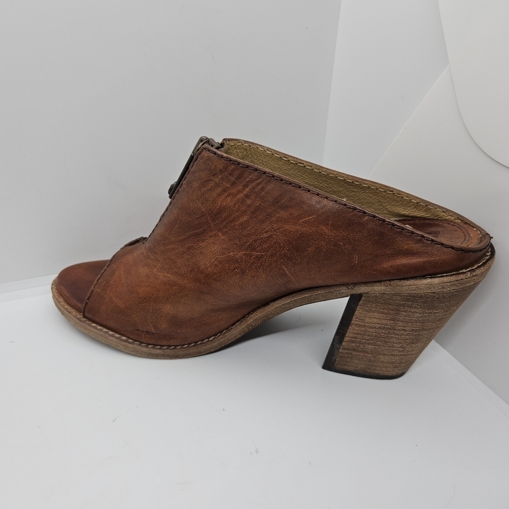 Frye cognac Izzy Zip moto sandal heeled mule peeptoe size 9B - Picture 7 of 13
